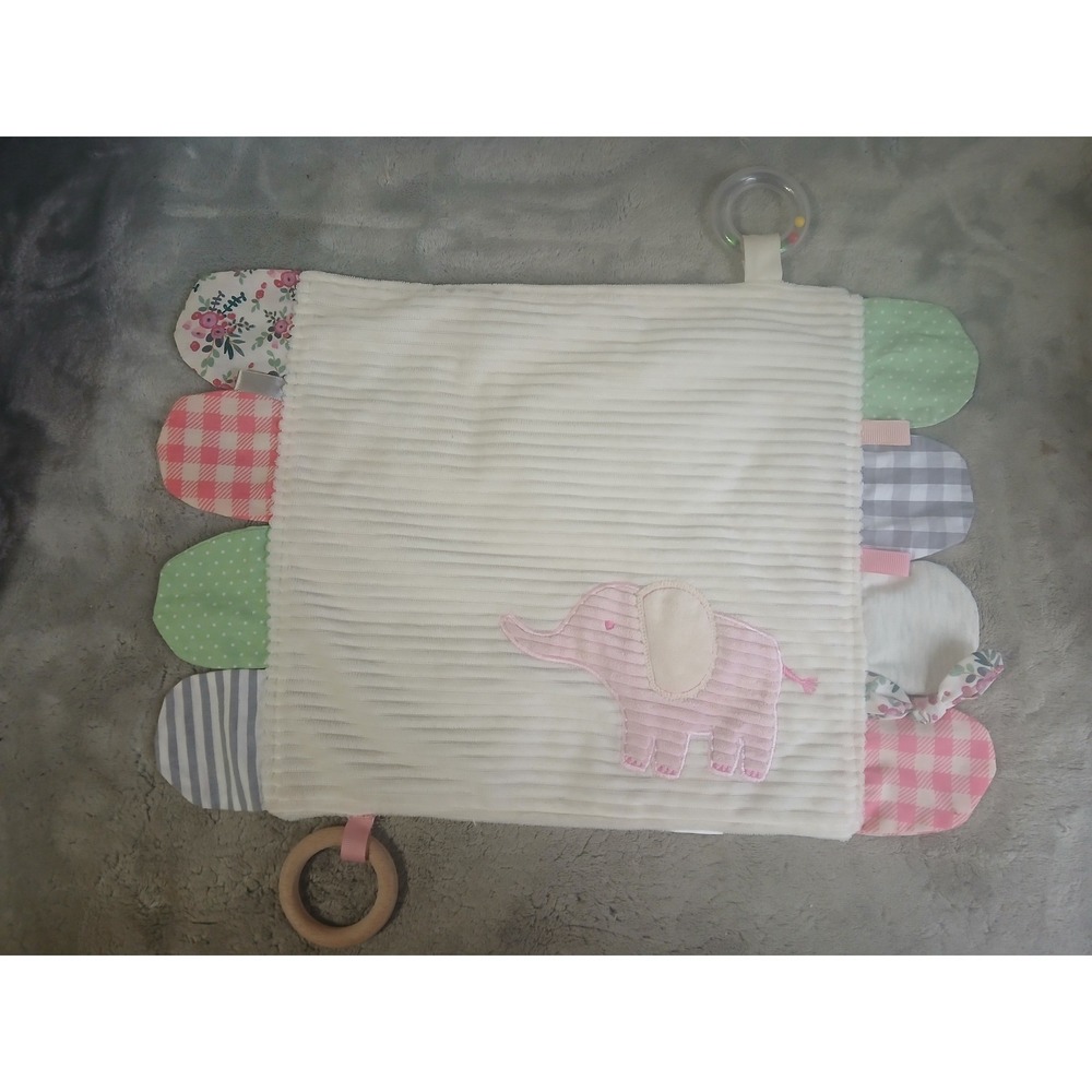 Modern Baby Pink Elephant Security‎ Blanket Sensory Lovey Tags Rattle Wood Ring